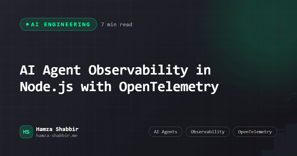 AI Agent Observability in Node.js with OpenTelemetry - branded cover card by Hamza Shabbir