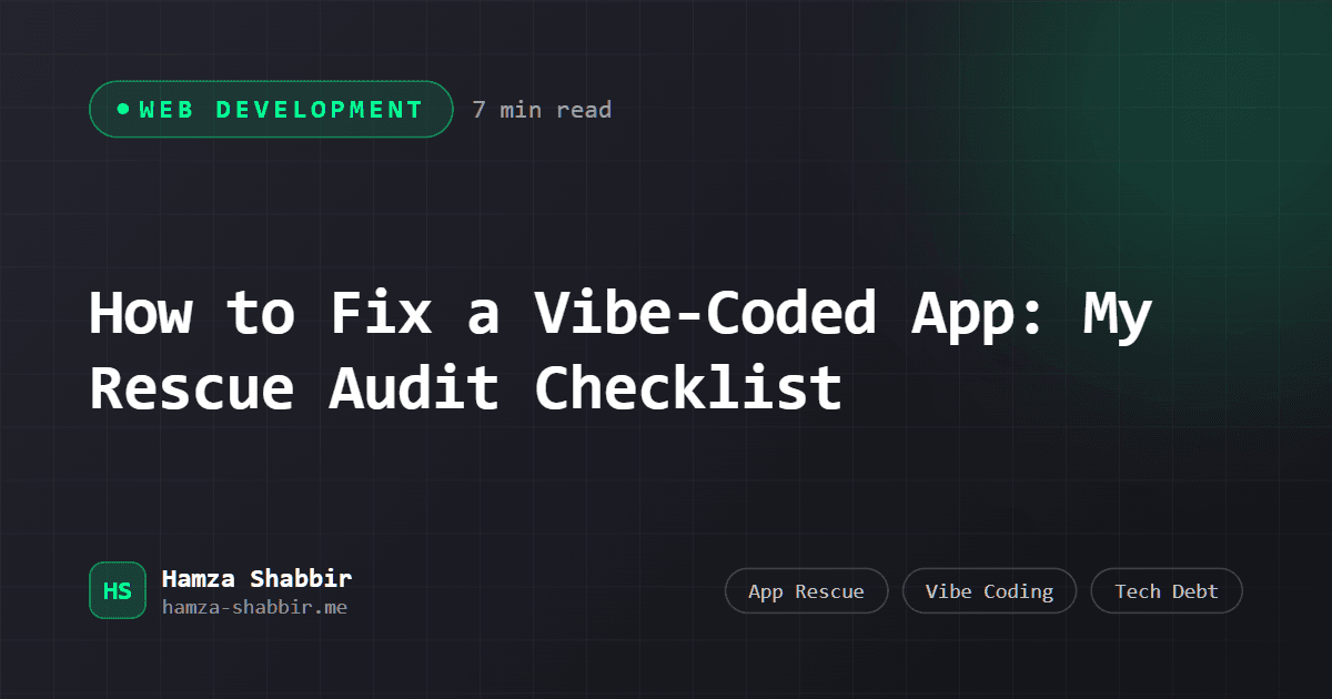 How to Fix a Vibe-Coded App: My Rescue Audit Checklist - branded cover card by Hamza Shabbir