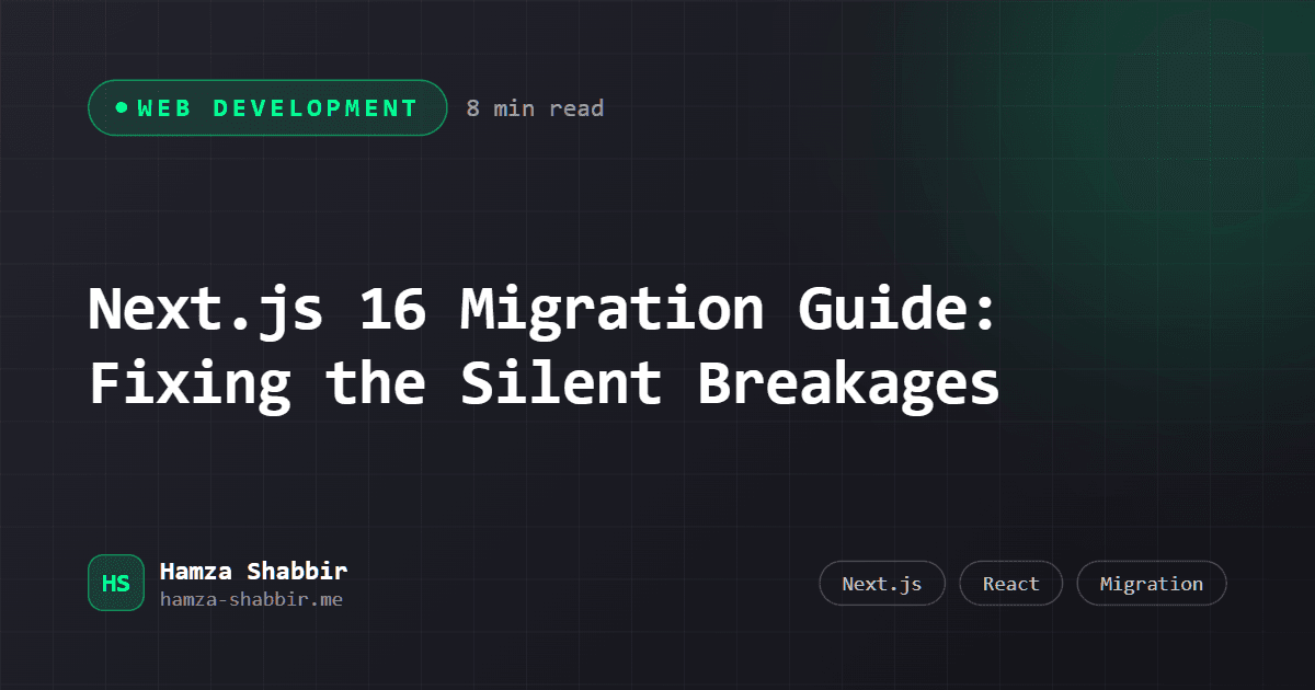 Next.js 16 Migration Guide: Fixing the Silent Breakages - branded cover card by Hamza Shabbir
