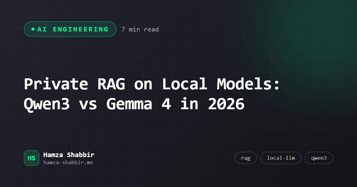 Private RAG on Local Models: Qwen3 vs Gemma 4 in 2026 - branded cover card by Hamza Shabbir