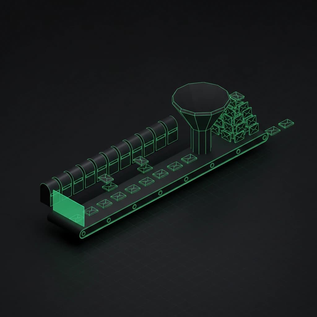 Isometric illustration of envelopes flowing from a row of mail slots through a funnel into a long queue where most of them pile up, with one lane blocked by a closed gate.