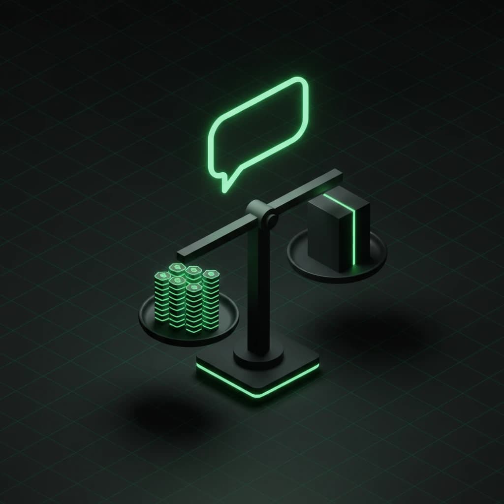 Isometric balance scale weighing a pile of small glowing tokens against one larger block, with a support chat bubble floating above