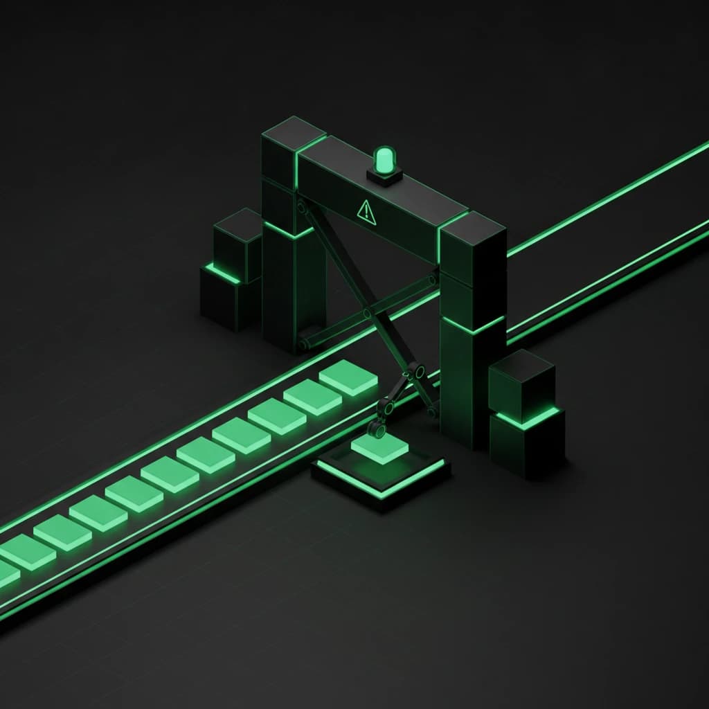 Isometric pipeline of glowing message blocks passing through a gate, with one block held in a side tray under a warning beacon.